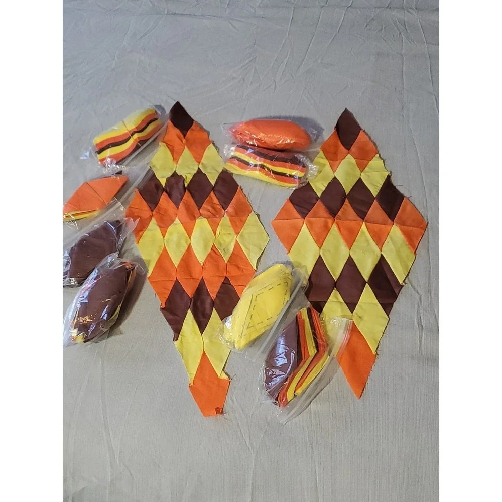 Vntg. Harlequin Diamond Patchwork Quilt Blocks Hand Stitched Orange Brown Yellow